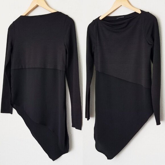ZARA Long Sleeve Asymmetric Tiered Layered Top Tunic Blouse S Black Minimalist - Picture 3 of 12